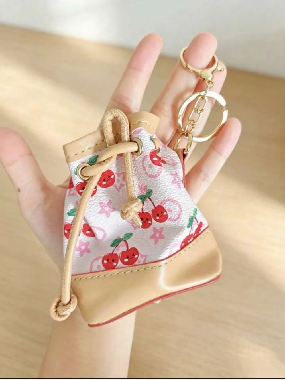 Keychain/Bag Charm Cherry Print Mini Drawstring Bucket Bag - Pink/Beige